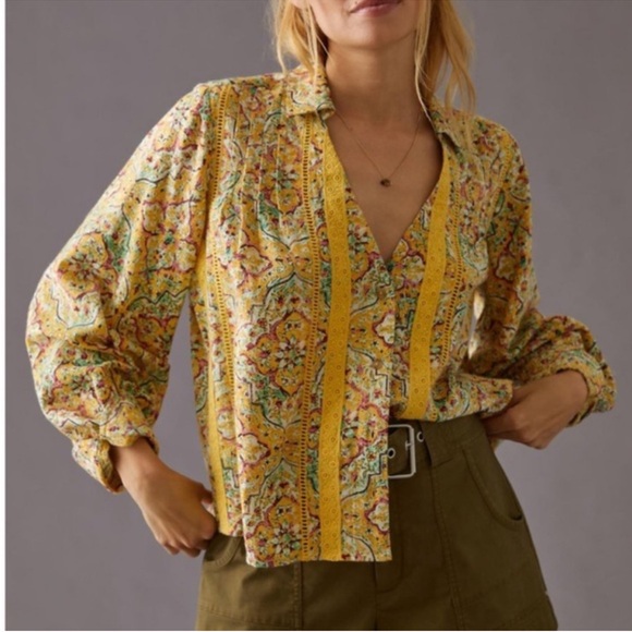 Pilcro Tops - Anthropologie | Pilcro Pintuck Peasant Blouse in a yellow floral print Large